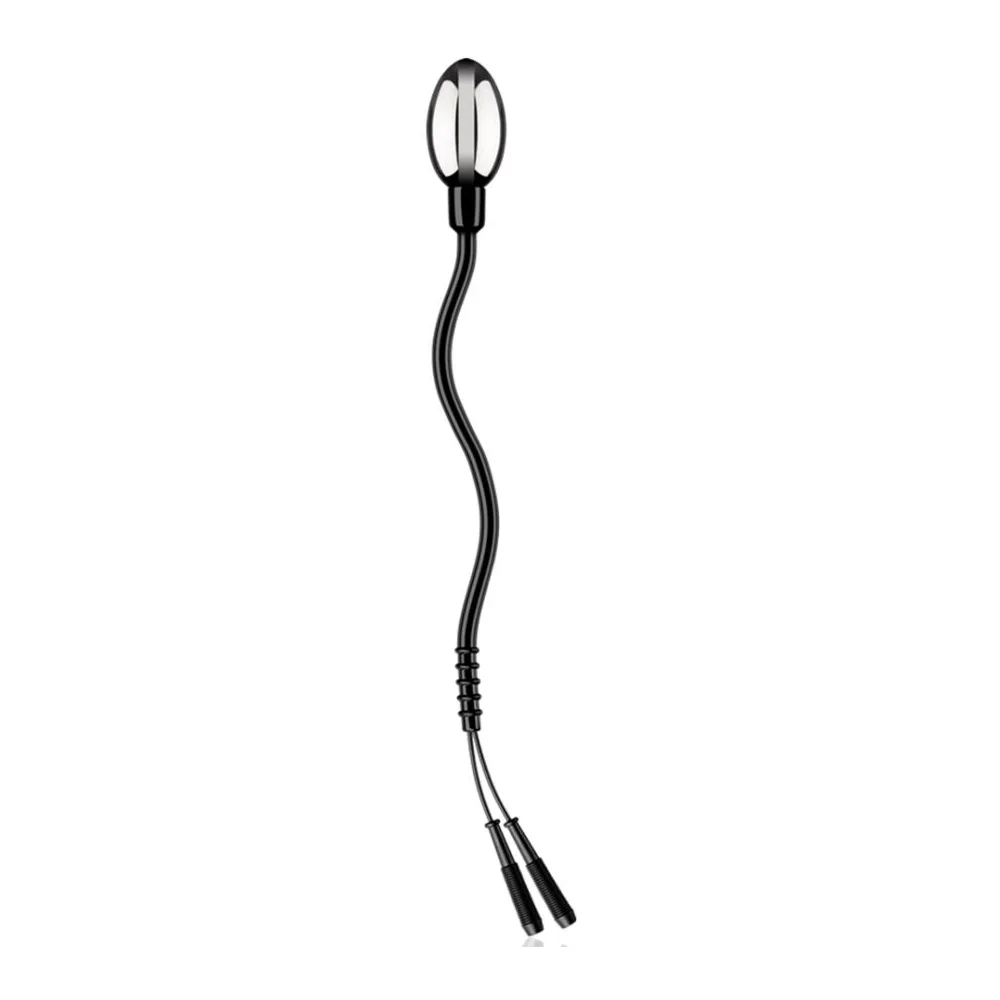 Emballage blanc et noir de l'électrode Tadpole ElectraStim, montrant l'œuf noir de silicone bipolaire avec sa queue flexible de câble tressé