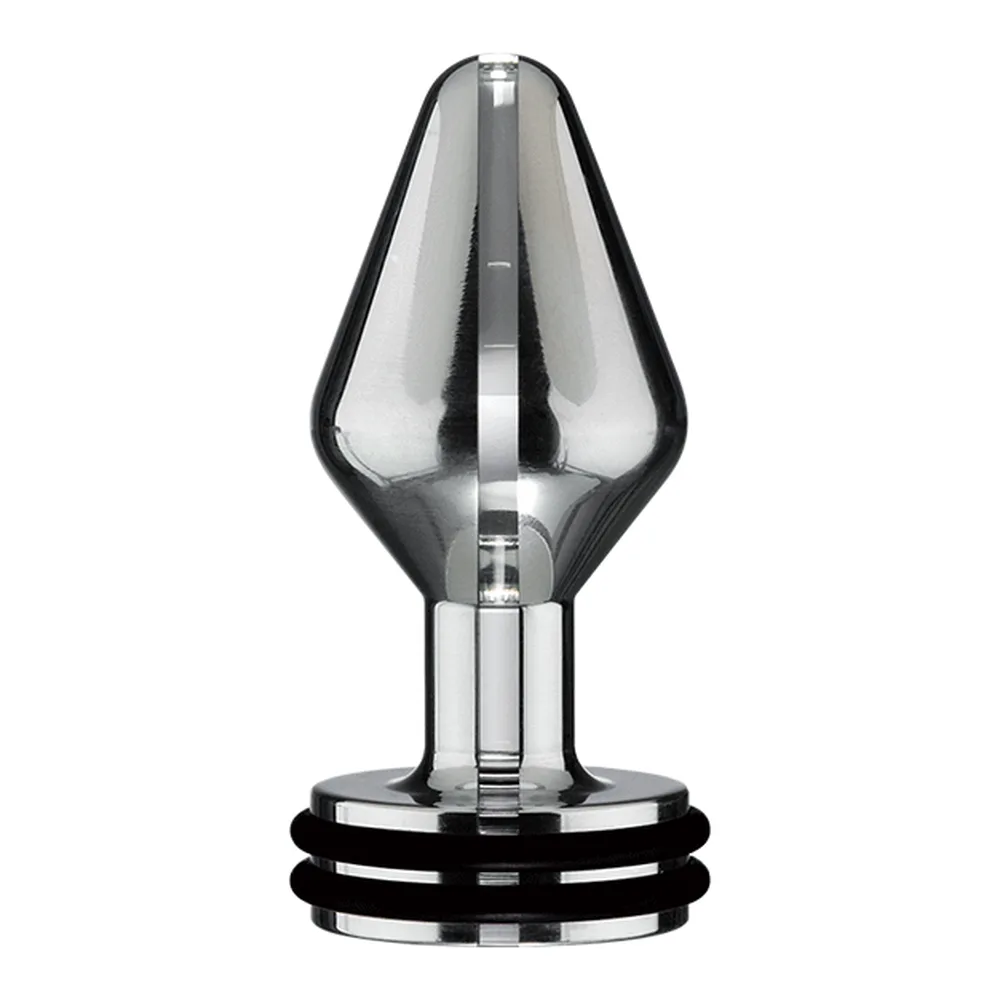 Plug anal en aluminium poli de forme conique avec base noire rainurée, connecteur argenté apparent au centre, fond blanc neutre