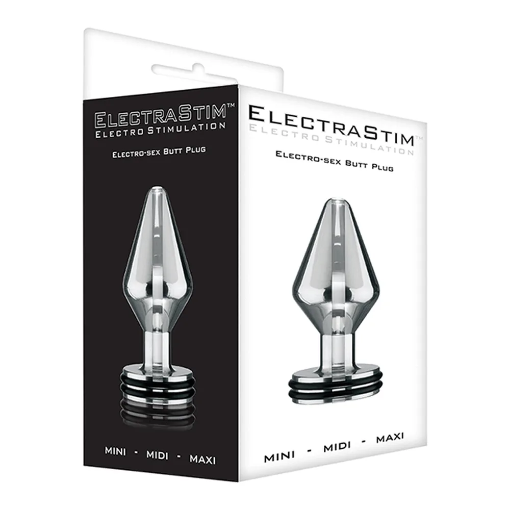 Plug anal en aluminium poli de forme conique avec base noire rainurée, connecteur argenté apparent au centre, fond blanc neutre