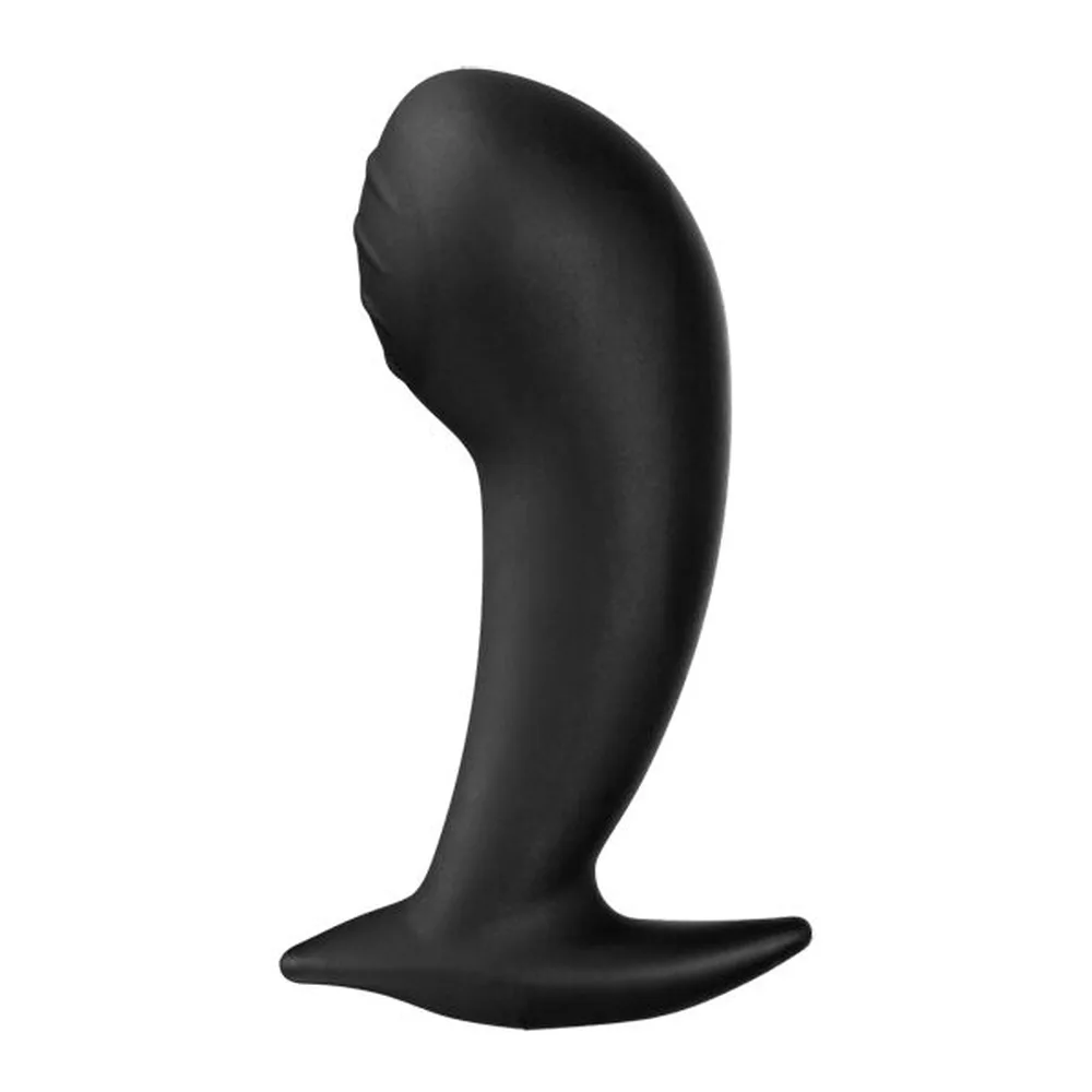 Stimulateur en silicone noir, forme incurvée avec poignée aplatie à la base, surface lisse et brillante sur fond blanc