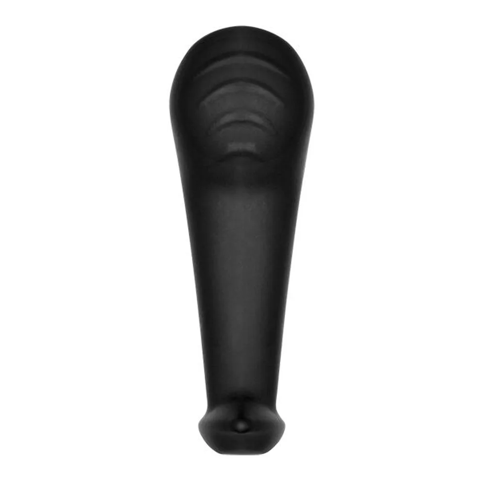 Stimulateur en silicone noir, forme incurvée avec poignée aplatie à la base, surface lisse et brillante sur fond blanc