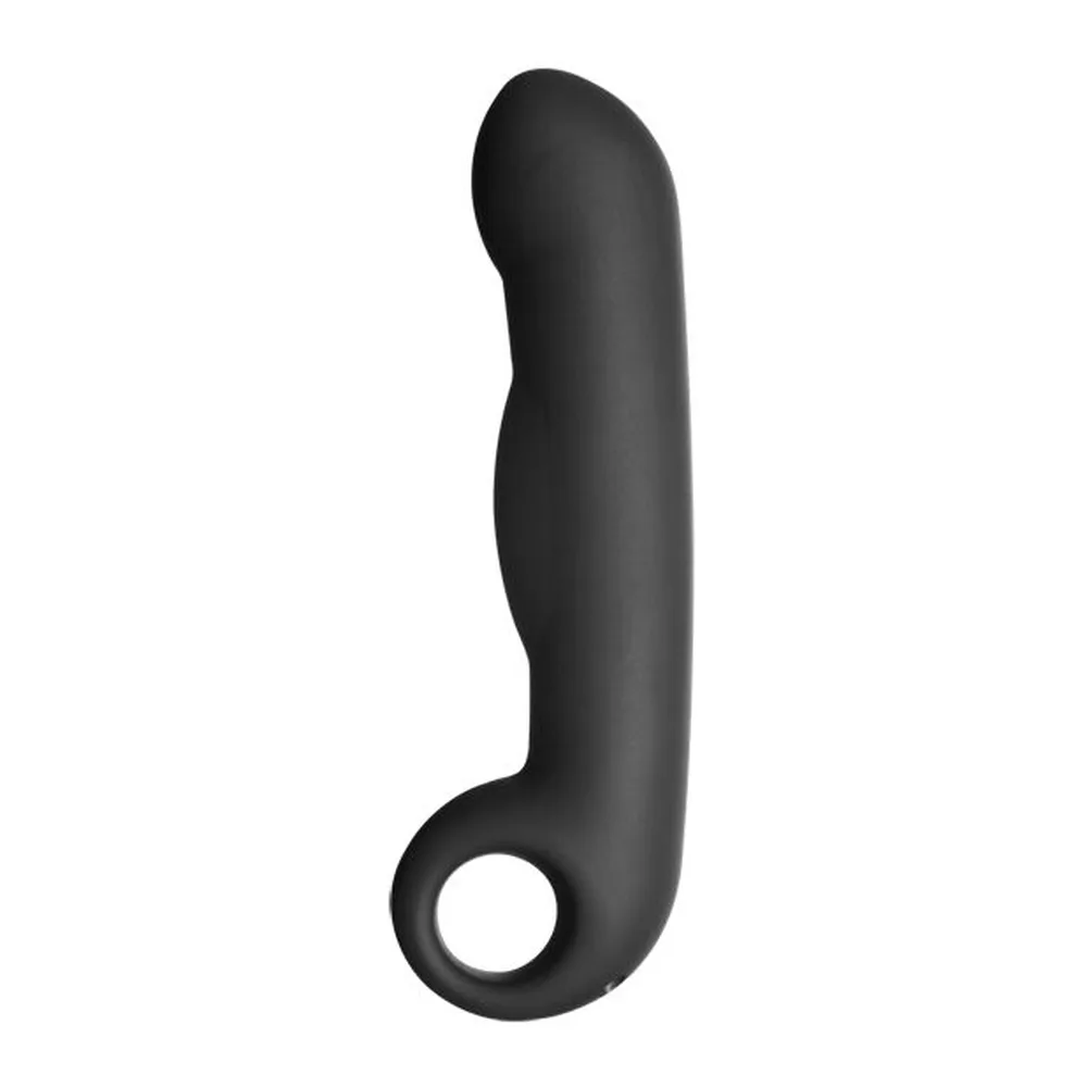 Gode électro noir en silicone médical, forme allongée avec extrémité arrondie, contacts métalliques visibles sur la tige, fond blanc