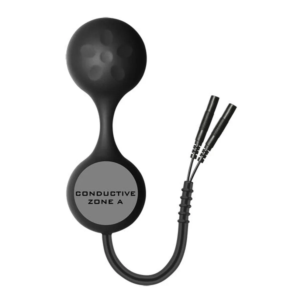 Boules de Geisha en silicone noir avec double sphère lisse, tige de liaison et zone conductrice grise étiquetée, câble de connexion noir avec connecteurs métalliques