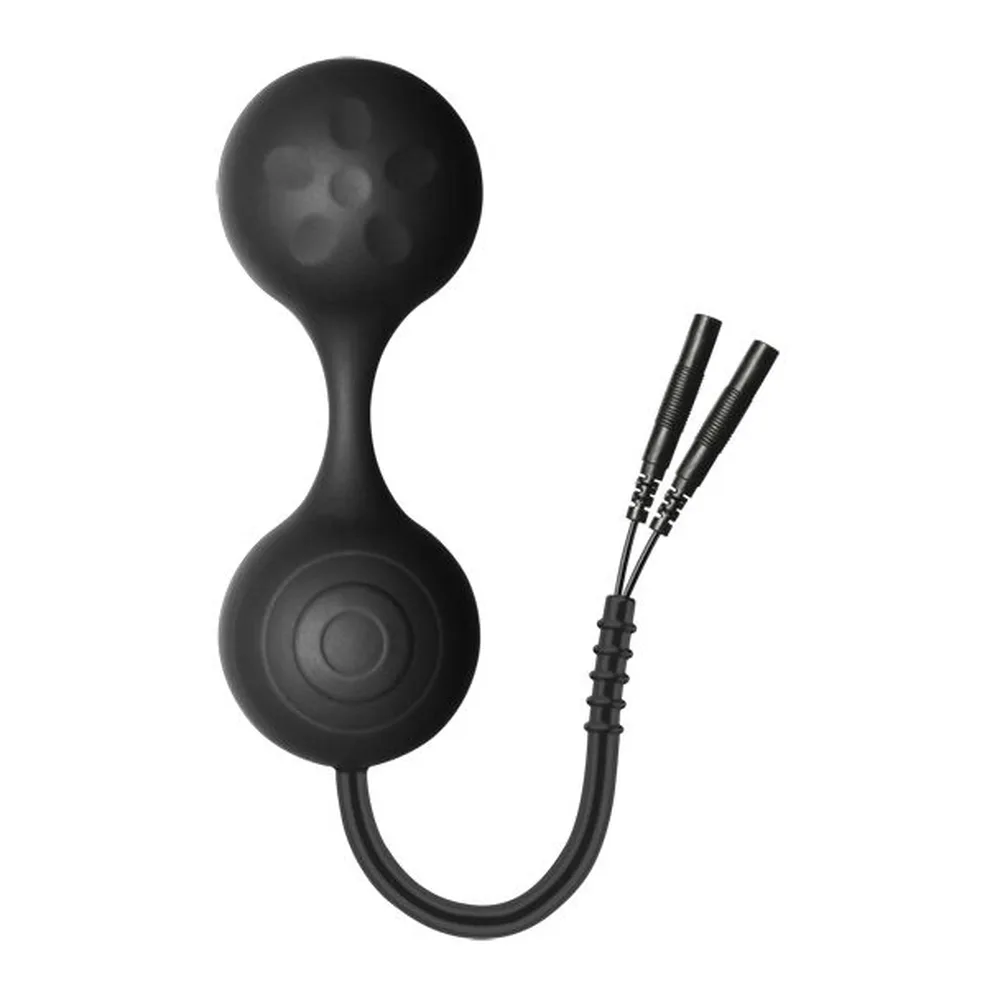 Boules de Geisha en silicone noir avec double sphère lisse, tige de liaison et zone conductrice grise étiquetée, câble de connexion noir avec connecteurs métalliques