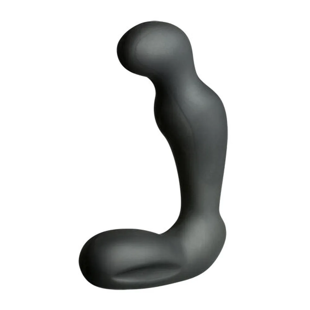 Stimulateur de prostate noir en silicone, forme ergonomique avec une tête arrondie et un corps courbe, base plate, sur fond blanc
