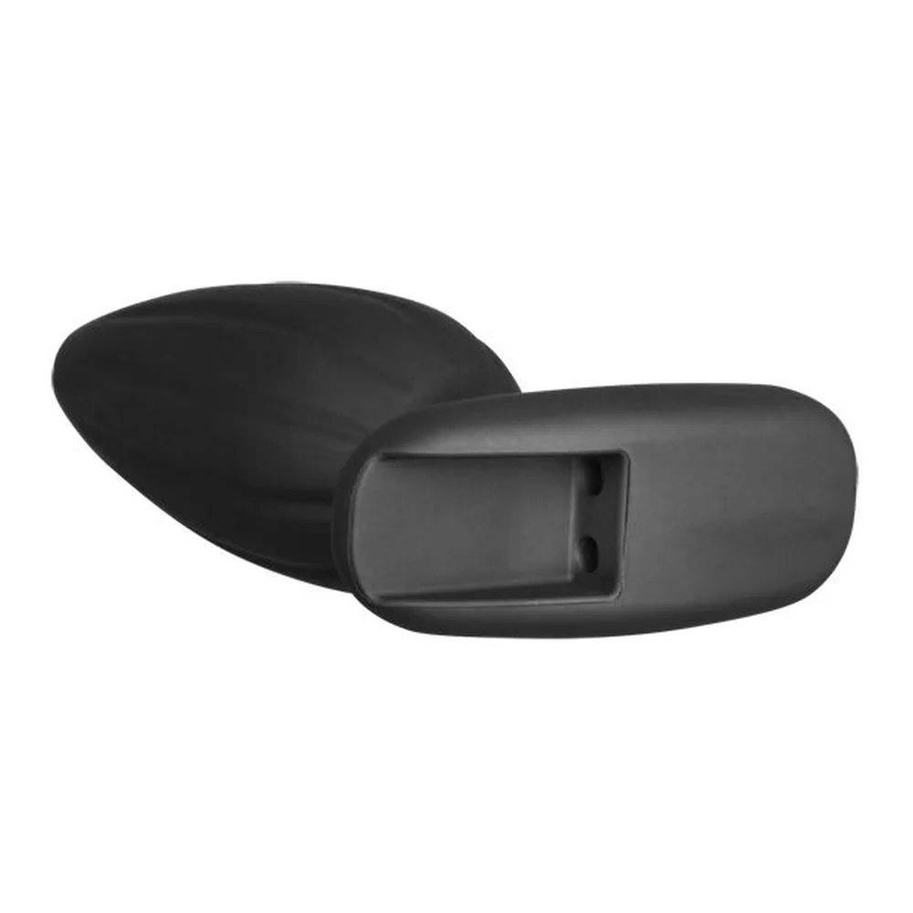 Plug anal en silicone noir, forme allongée avec base élargie, surface lisse avec nervures verticales, sur fond blanc