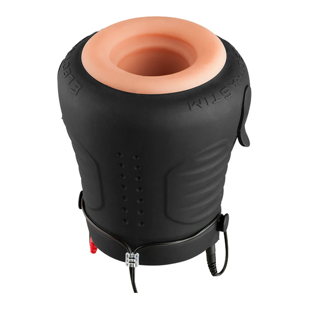 Adaptateur jack électro noir en silicone, avec ouverture circulaire et embout rainuré, accompagné de son capuchon de protection sur fond blanc