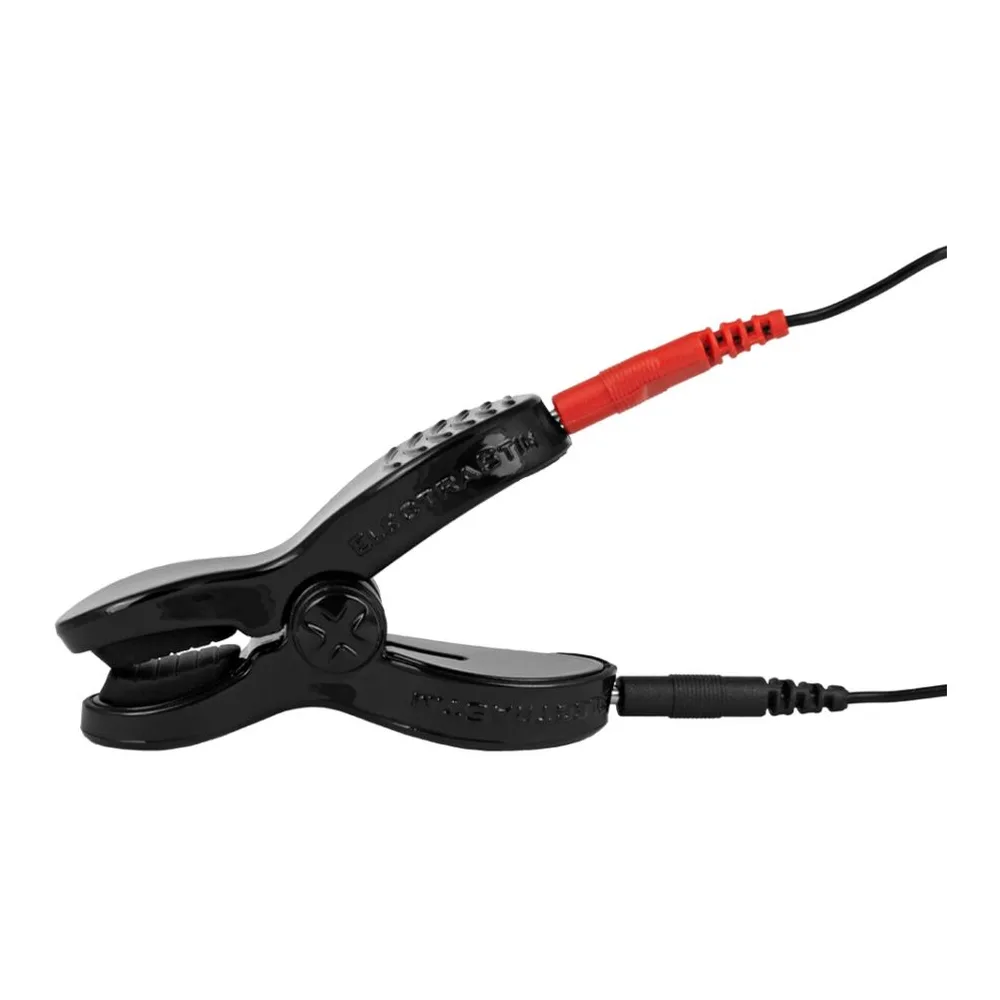 Pince bipolaire noire avec câbles rouge et noir, mâchoires ajustables recouvertes de microfibre, connecteurs pour stimulateur électro