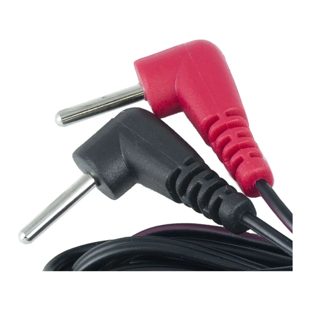 Masseur noir en silicone à bulbes arrondies, tenu en main, avec câble de connexion coudé à embout rouge et connecteur fileté