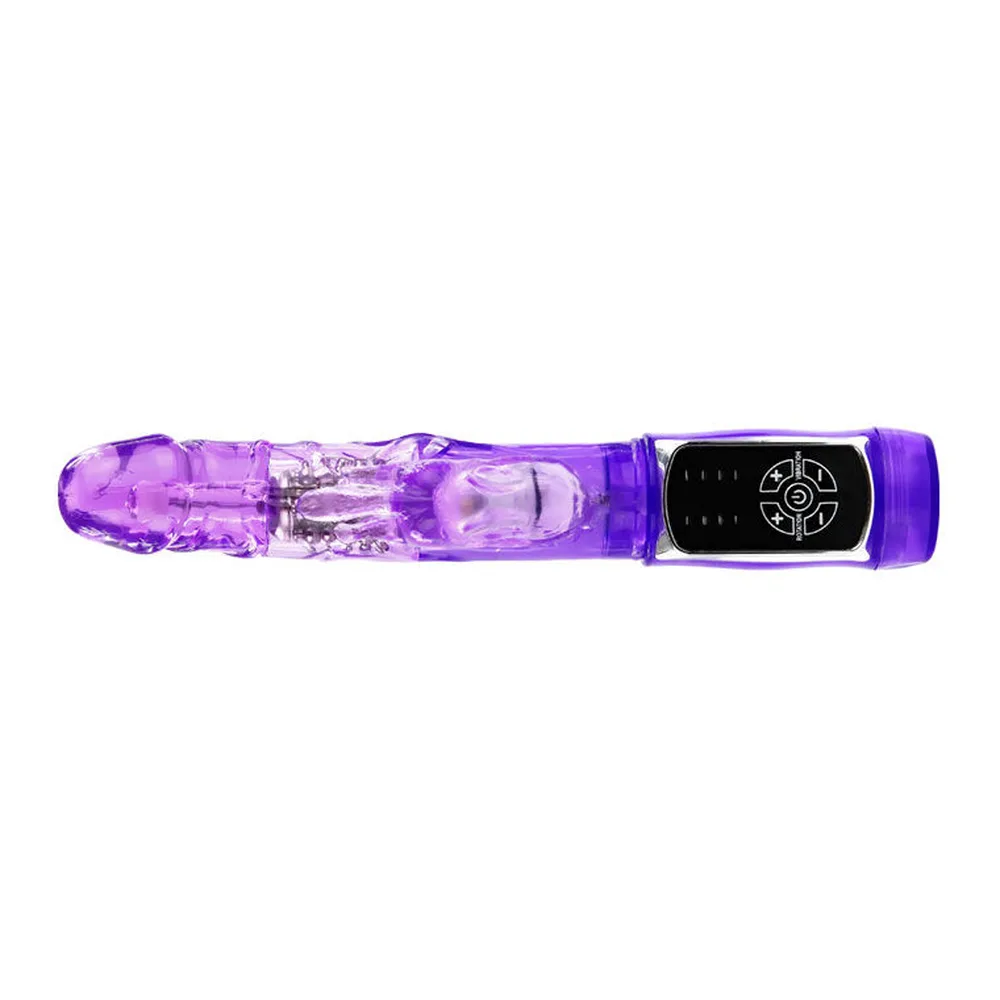 Vibromasseur rabbit silicone violet, rotatif, à piles, autre vue 2