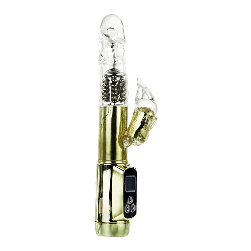 Vibromasseur rabbit rotatif en finition dorée avec tige translucide et oreilles souples, écran de contrôle sur la base noire, fond blanc