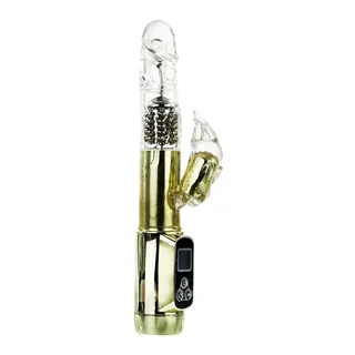 Vibromasseur rabbit rotatif doré, tige translucide, autre vue 2