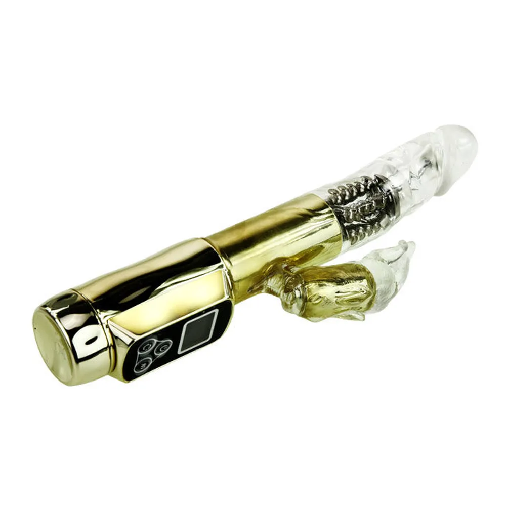 Vibromasseur rabbit rotatif doré, tige translucide, autre vue 9