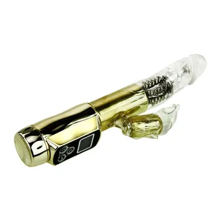 Vibromasseur rabbit rotatif doré, tige translucide, autre vue 3
