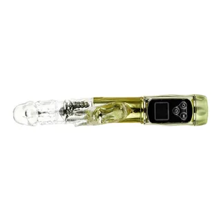 Vibromasseur rabbit rotatif doré, tige translucide, autre vue 9