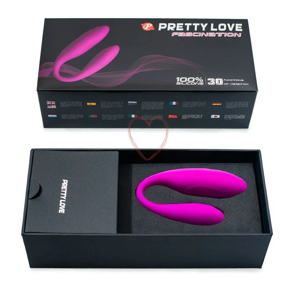 Vibromasseur rose fluo en silicone en forme de U, avec câble USB, adaptateur secteur, pochette de rangement grise et livret Pretty Love sur fond blanc