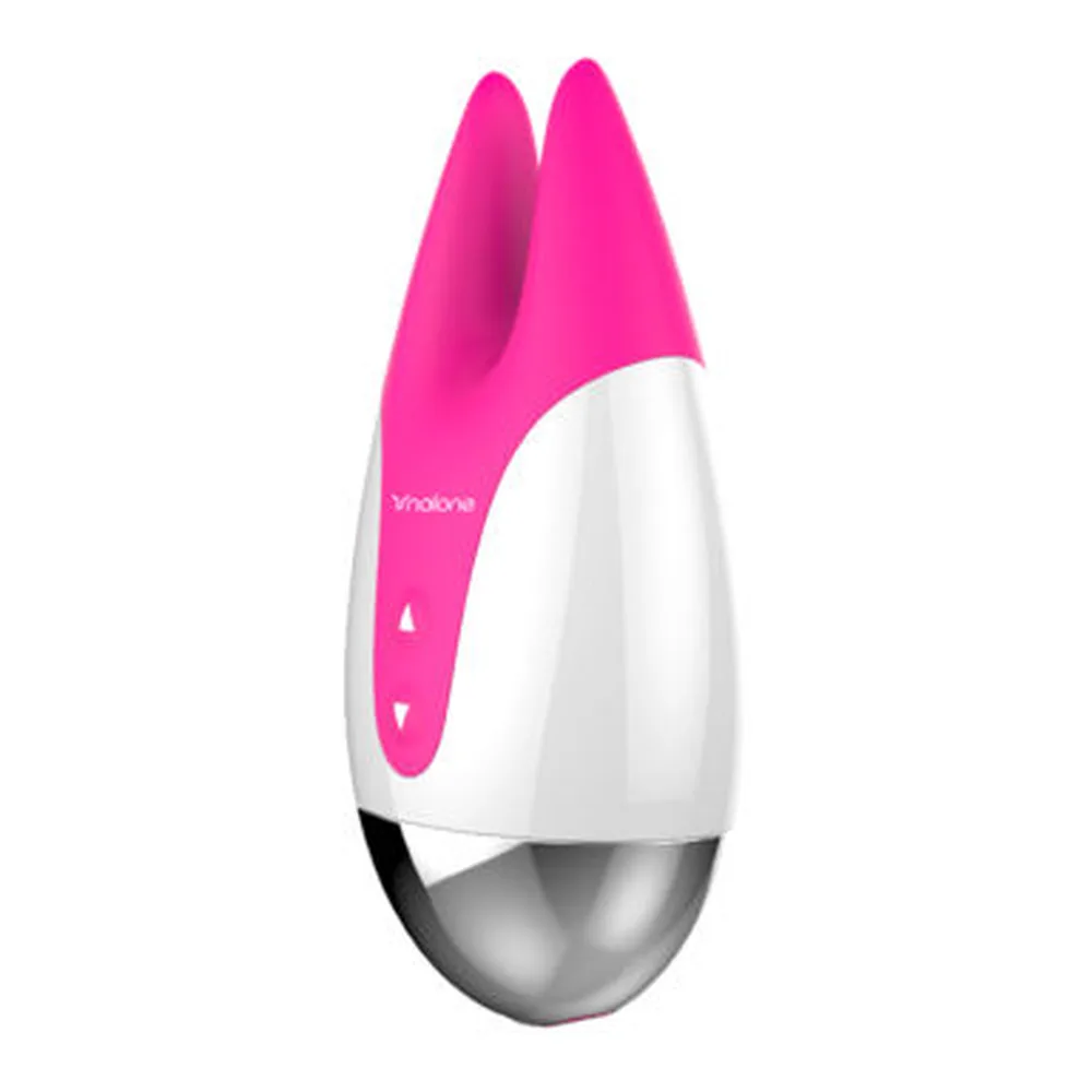 Stimulateur clitoridien Fifi rose et blanc avec deux pointes souples en silicone encadrant le clitoris, base ovoïde argentée, boutons de contrôle visibles