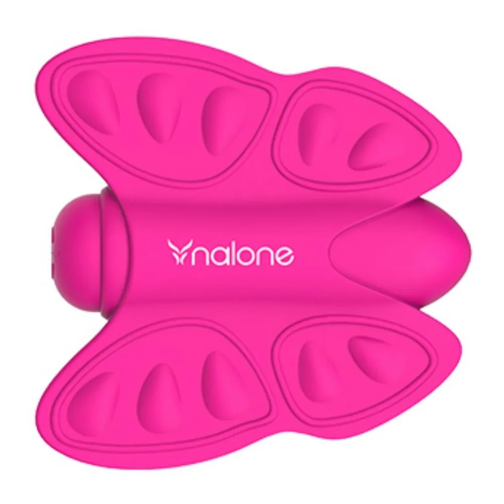 Vibromasseur papillon en silicone rose fuchsia avec boule centrale bombée et deux ailes plates effilées, fond blanc