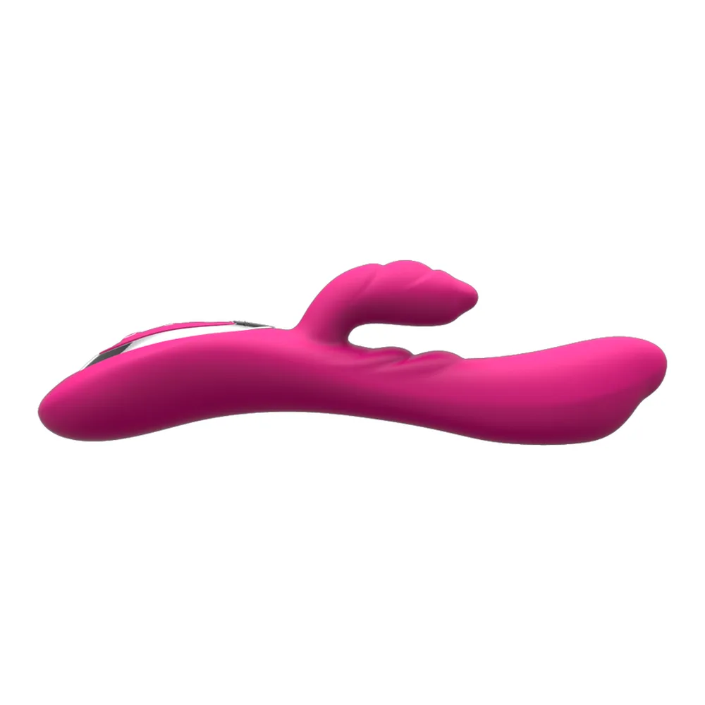 Vibromasseur rose fuchsia en silicone, avec un clitoris stimulateur relevé et une zone de commande tactile sur le côté, sur fond blanc