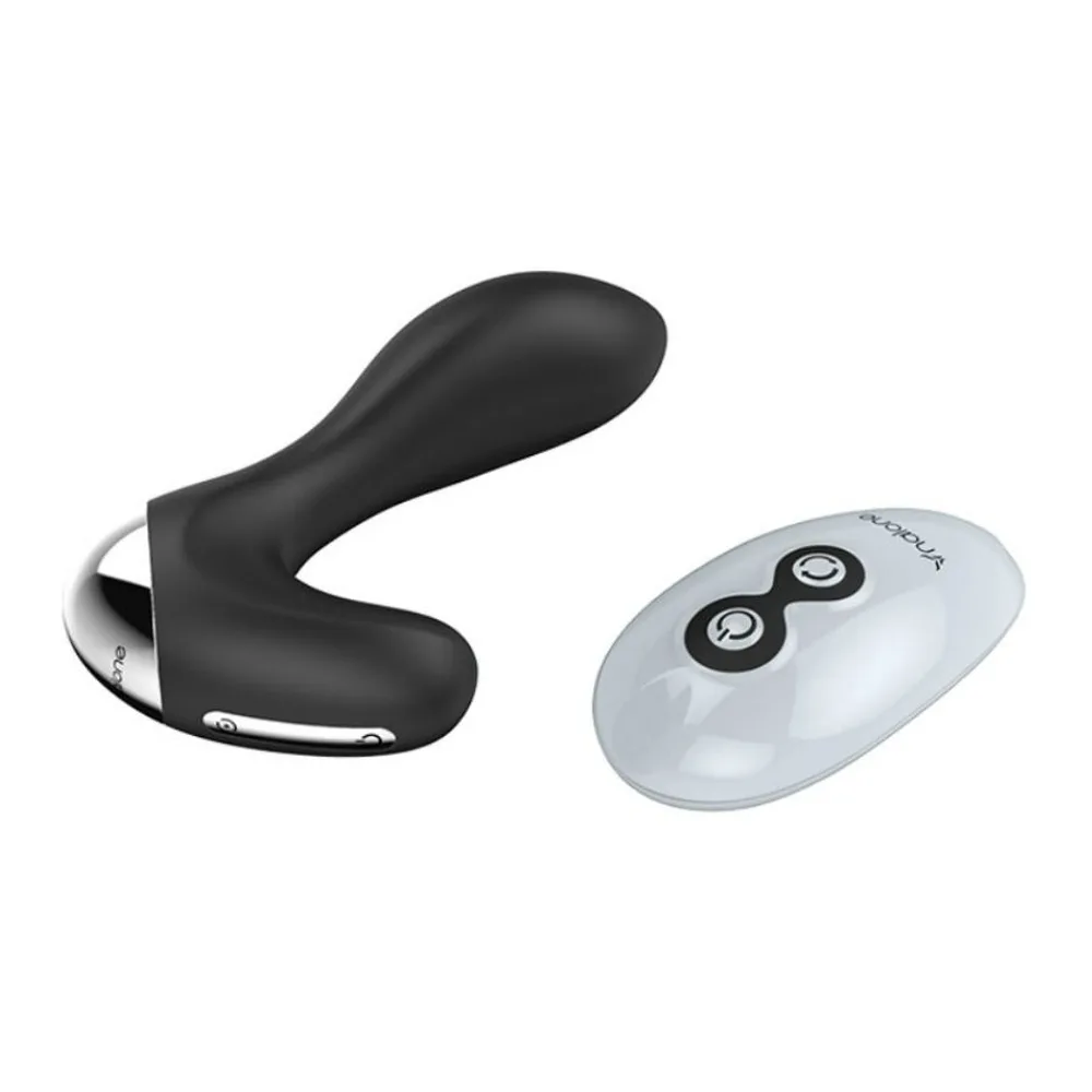Stimulateur de prostate noir avec poignée annelée et télécommande blanche dotée de deux boutons de contrôle, sur fond blanc