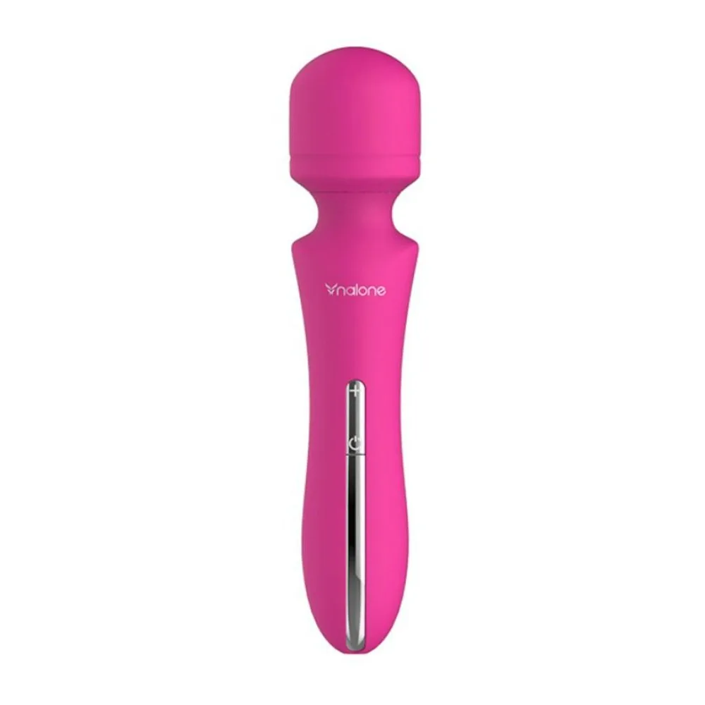 Wand rose vif en silicone avec tête arrondie, corps ergonomique et bande de commande argentée, sur fond blanc