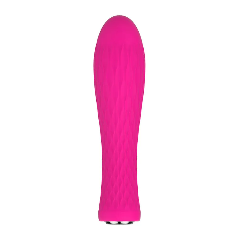 Vibromasseur Mini Ian en silicone rose fuchsia, forme incurvée et allongée avec extrémité arrondie, sur fond blanc