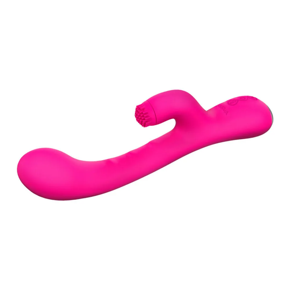 Vibromasseur rabbit rose fuchsia avec tête rotative bulbeuse et stimulateur clitoridien, tige incurvée, anneau de commande sur la base, fond blanc