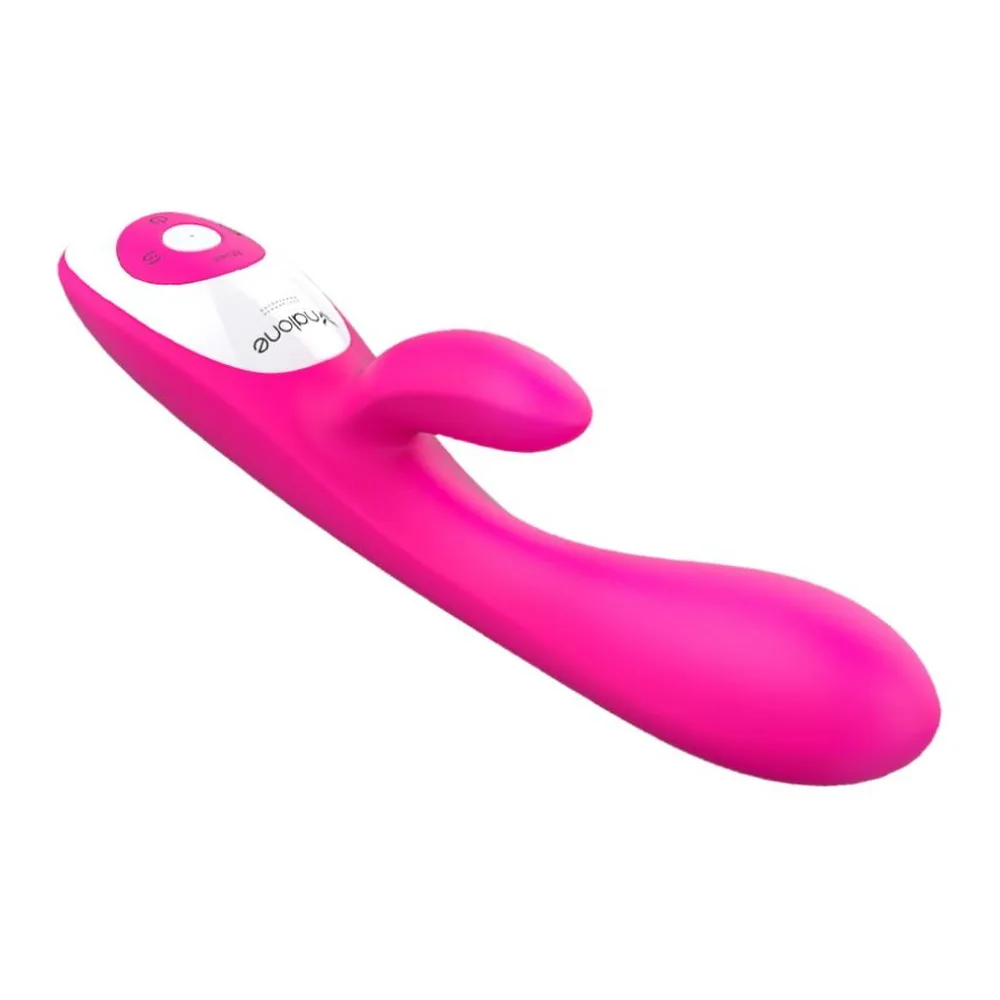 Vibromasseur rose fuchsia en silicone avec branche clitoridienne, commande vocale intégrée, batterie rechargeable, fonction chauffante, étanche, 7 modes de vibration