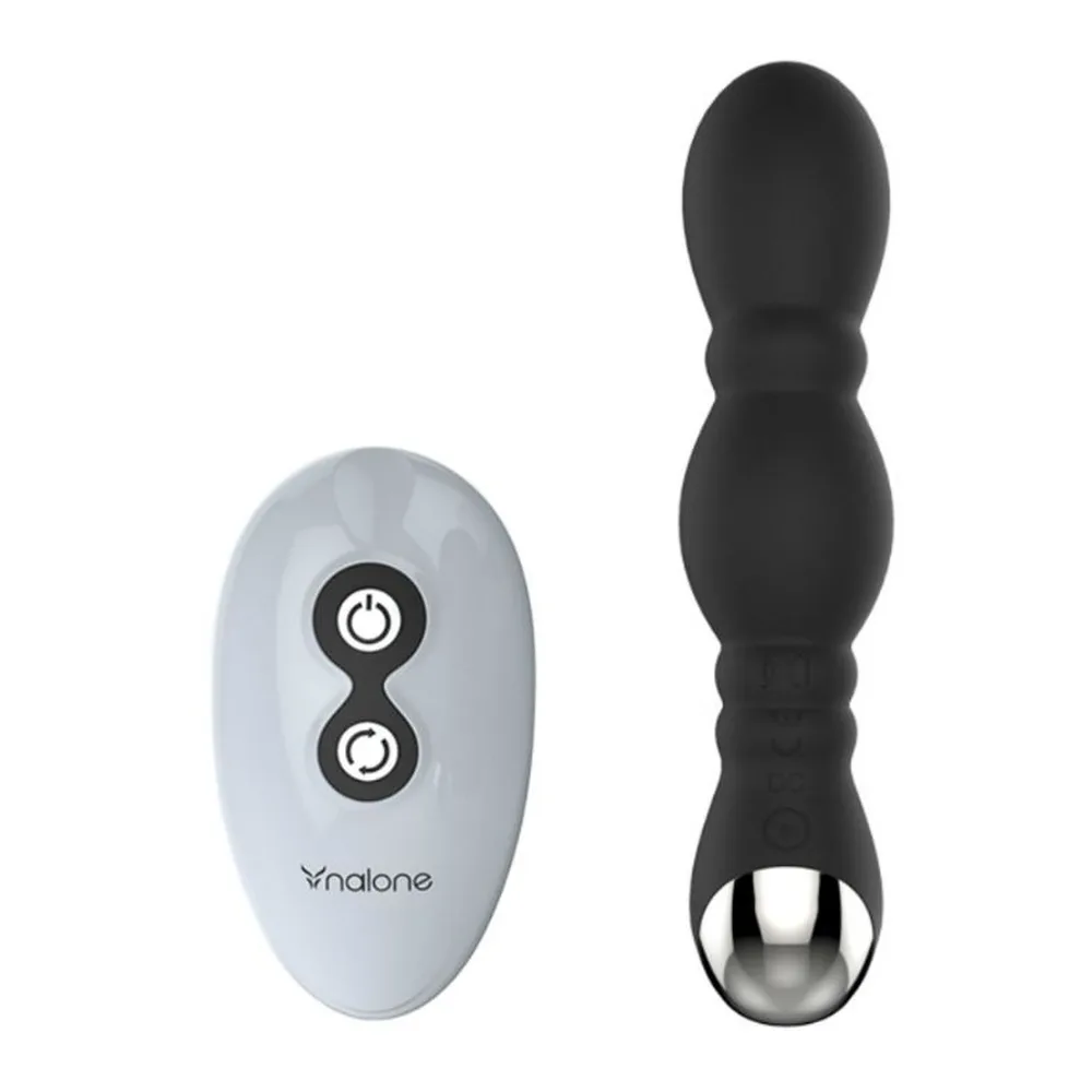 Boîte de présentation blanche du stimulateur de prostate Dragon noir, avec tige perlée et bras périnéal courbe, détails chromés, sur emballage