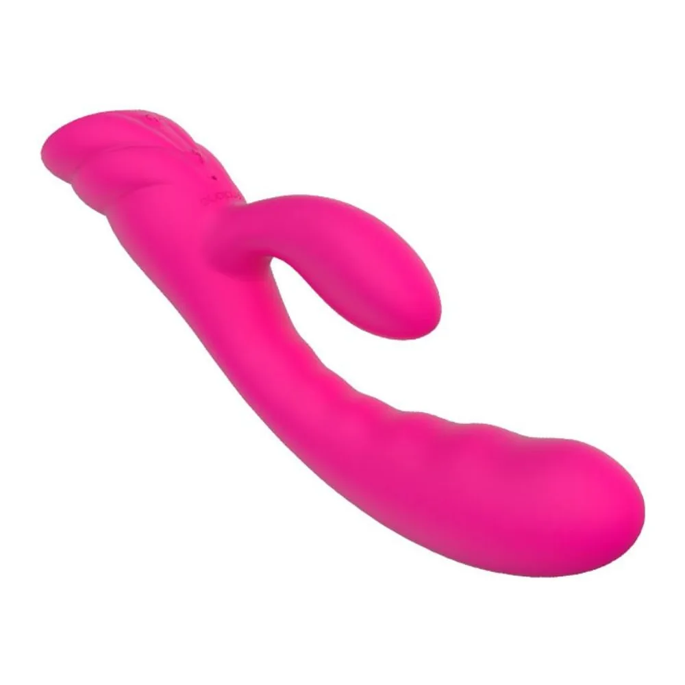 Vibromasseur rabbit en silicone rose vif avec deux branches courbes, fonction chaleur, embout arrondi et zone de commande visible sur le côté, sur fond blanc