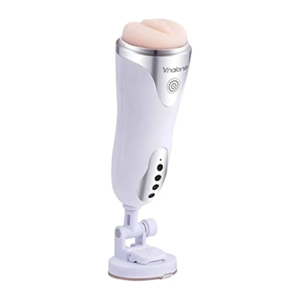 Masturbateur blanc et argent avec gaine en silicone chair, monté sur ventouse et base blanche, commandes tactiles visibles sur le côté, fond blanc