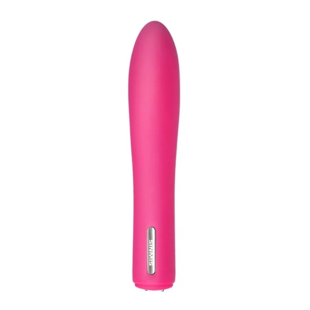 Vibromasseur de forme allongée en silicone rose fuchsia, tige fine et lisse avec embout arrondi, bouton de commande chromé à la base, sur fond blanc