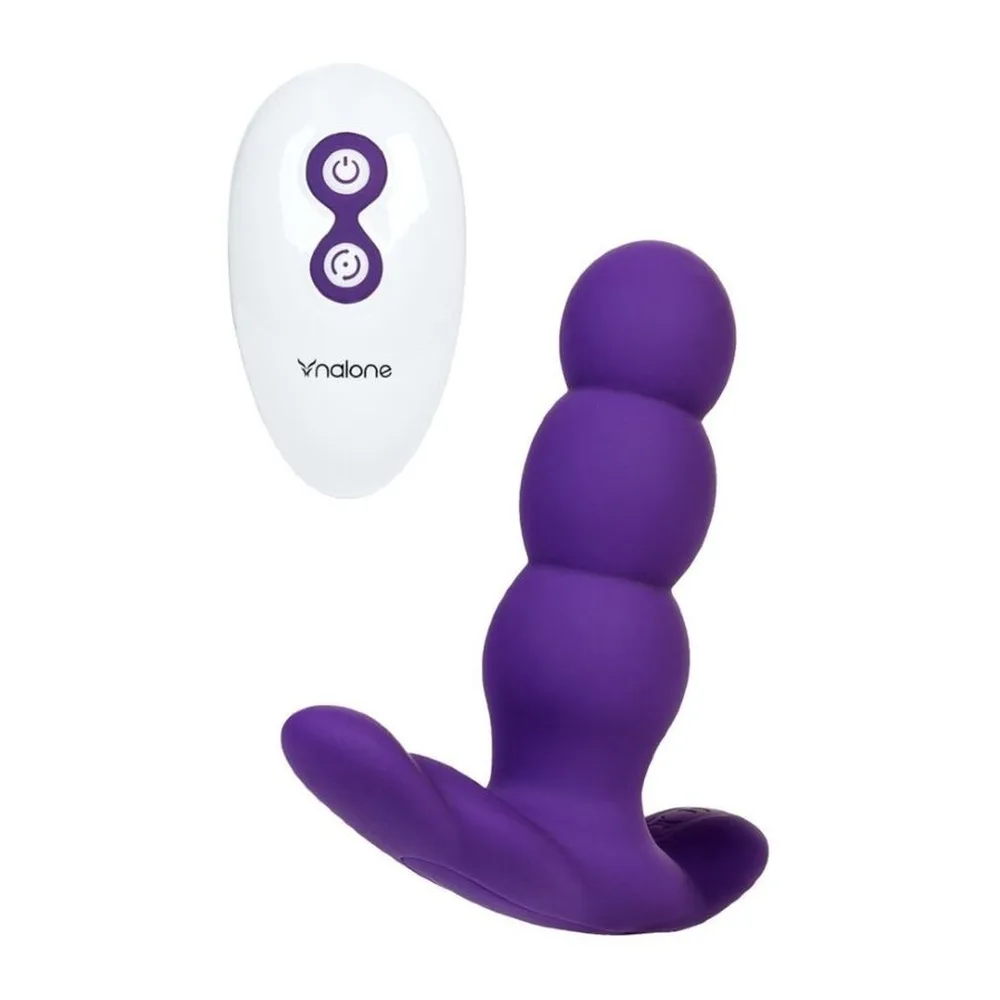 Vibromasseur anal Pearl en silicone violet avec trois perles graduées et télécommande blanche affichant deux commandes, sur fond blanc