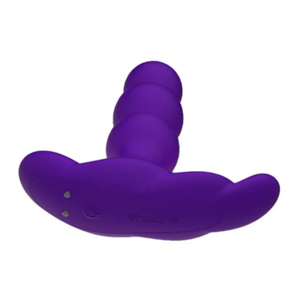 Vibromasseur anal Pearl en silicone violet avec trois perles graduées et télécommande blanche affichant deux commandes, sur fond blanc