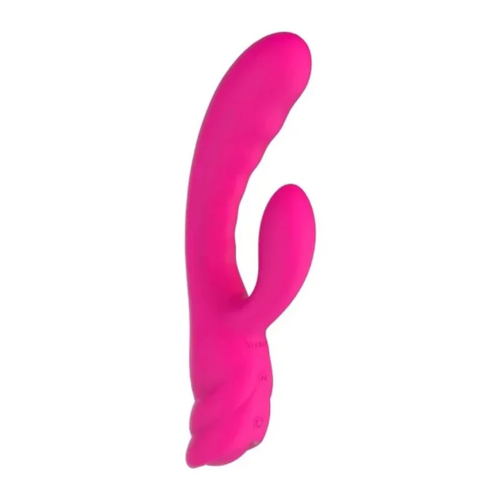 Vibromasseur rabbit en silicone rose fuchsia, forme allongée avec renflement à la base et détails texturés, sur fond blanc