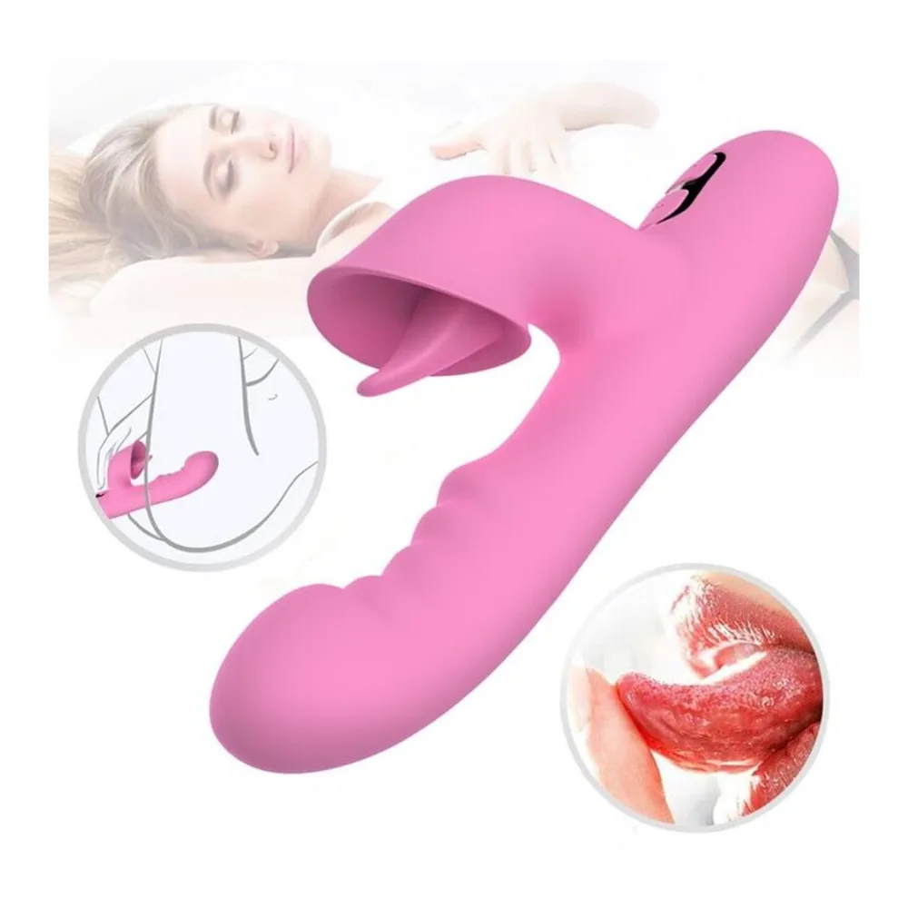 Vibromasseur rabbit rose en silicone avec tête clitoridienne à languette souple, présenté avec schémas d'utilisation et détails de texture