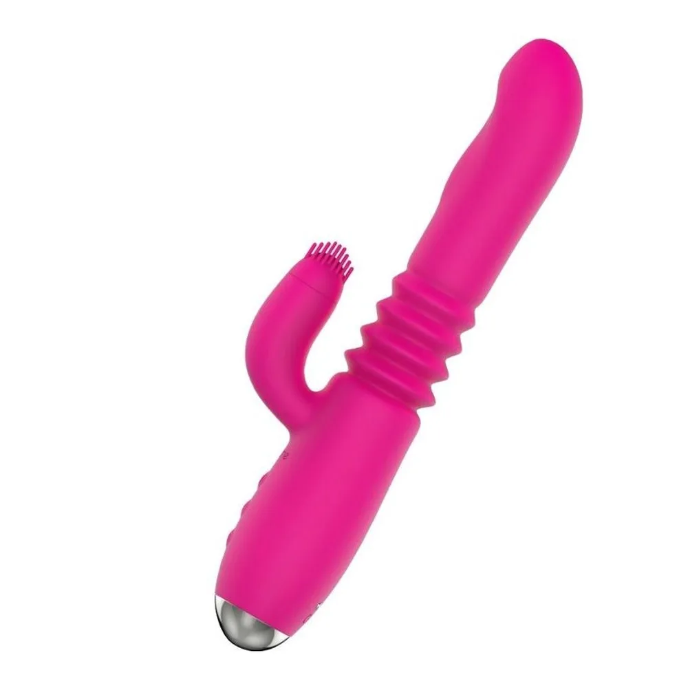Vibromasseur rose fuschia avec deux bras articulés, l'un droit avec zone nervurée, l'autre recourbé avec picots, pointe métallique en bas sur fond blanc