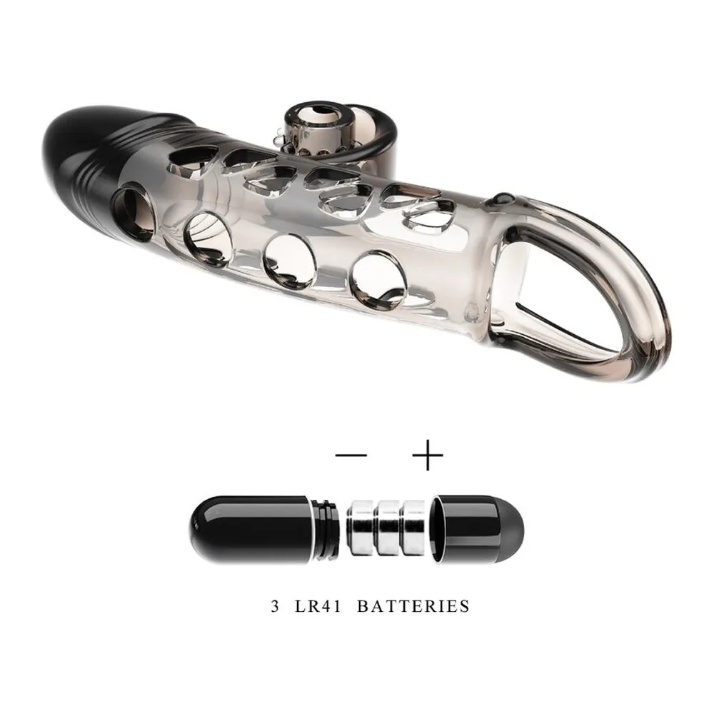 Manchon prolongé transparent avec anneau de base noir, embout vibrant noir flexible, et perforations sur les côtés, accompagné de trois piles LR41 et schéma d'assemblage