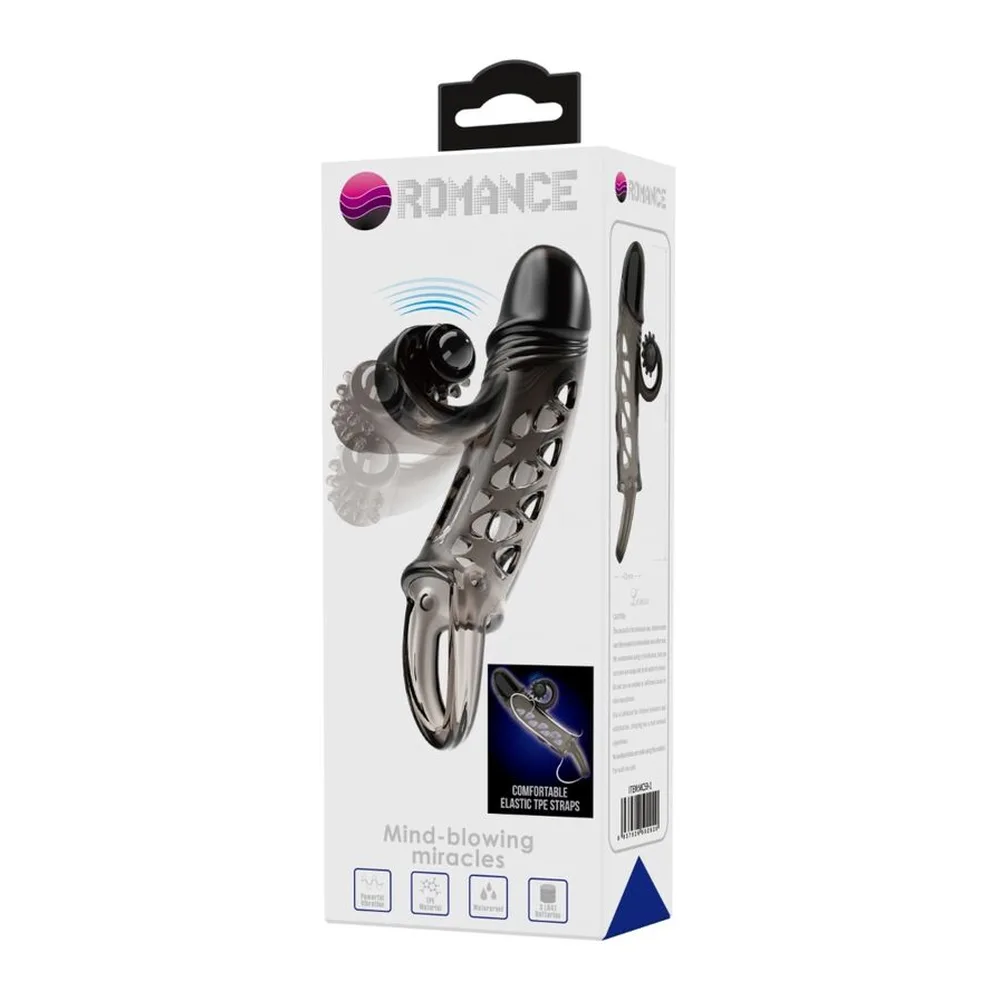 Manchon prolongé transparent avec anneau de base noir, embout vibrant noir flexible, et perforations sur les côtés, accompagné de trois piles LR41 et schéma d'assemblage