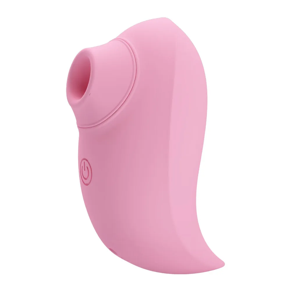Stimulateur clitoridien rose en silicone avec embout de succion arrondi, bouton d'alimentation circulaire gravé sur le corps, fond blanc