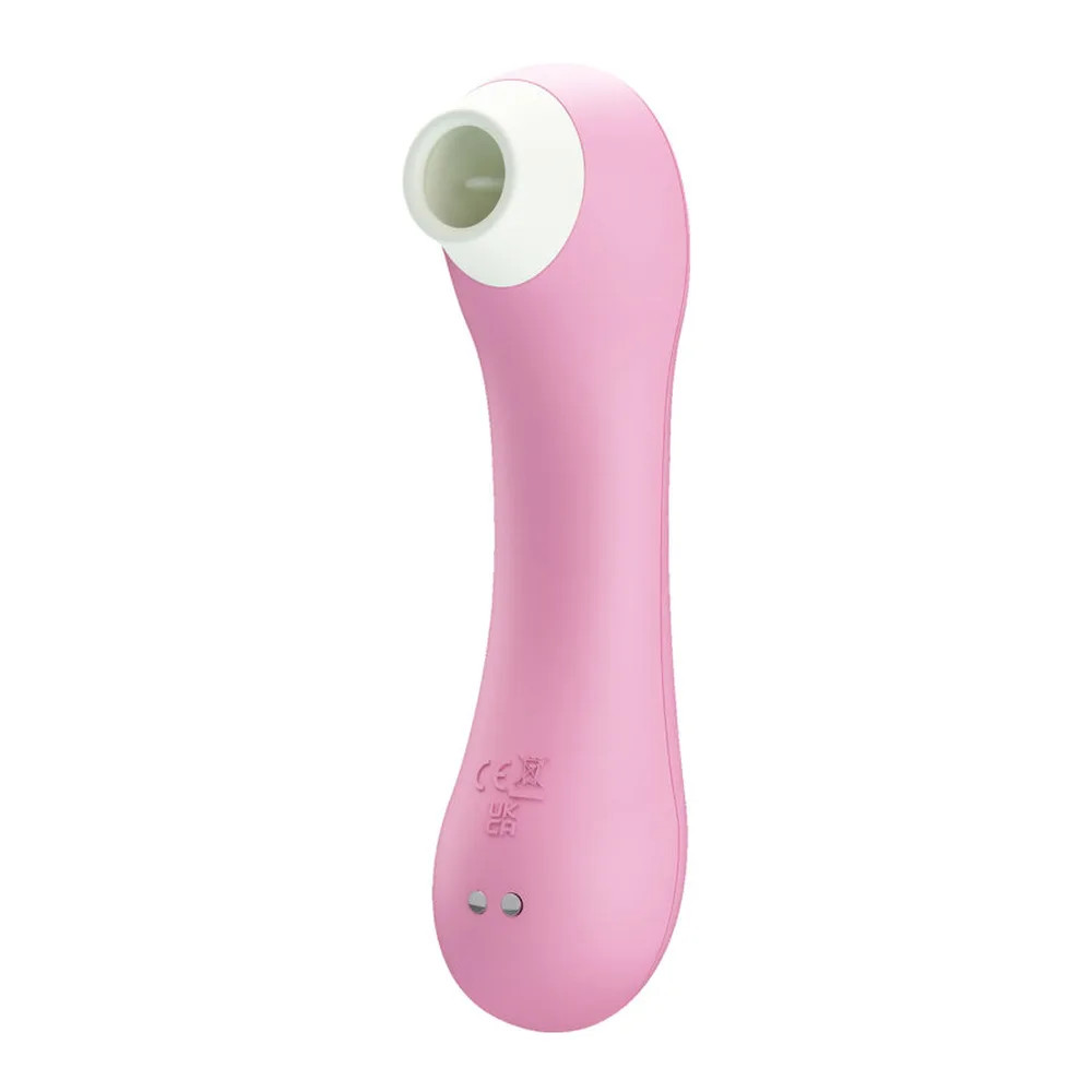 Stimulateur clitoridien rose en silicone avec embout blanc amovible en haut, deux boutons de commande sur le côté, marquages de certification en bas, fond blanc