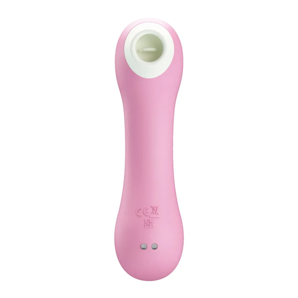 Stimulateur clitoridien rose en silicone avec embout blanc amovible en haut, deux boutons de commande sur le côté, marquages de certification en bas, fond blanc