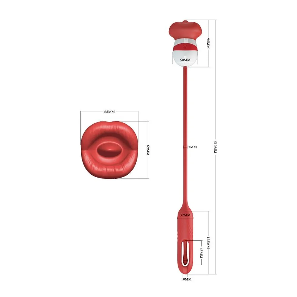 Schéma technique d'un stimulateur clitoridien rouge en silicone montrant ses dimensions : tête en forme de bouche de 68 mm, tige de 175 mm, et embout de 24 mm, avec zoom sur le relief de la tête