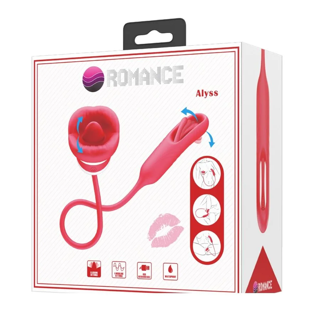 Schéma technique d'un stimulateur clitoridien rouge en silicone montrant ses dimensions : tête en forme de bouche de 68 mm, tige de 175 mm, et embout de 24 mm, avec zoom sur le relief de la tête