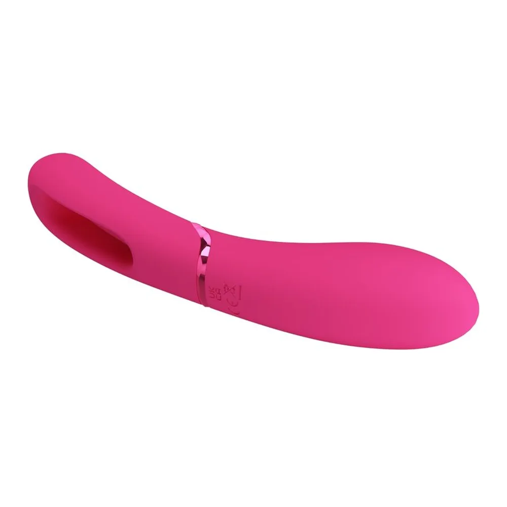 Vibromasseur rose fuchsia en silicone avec tête ergonomique incurvée et poignée texturée, boutons de contrôle visibles sur le corps, fond blanc