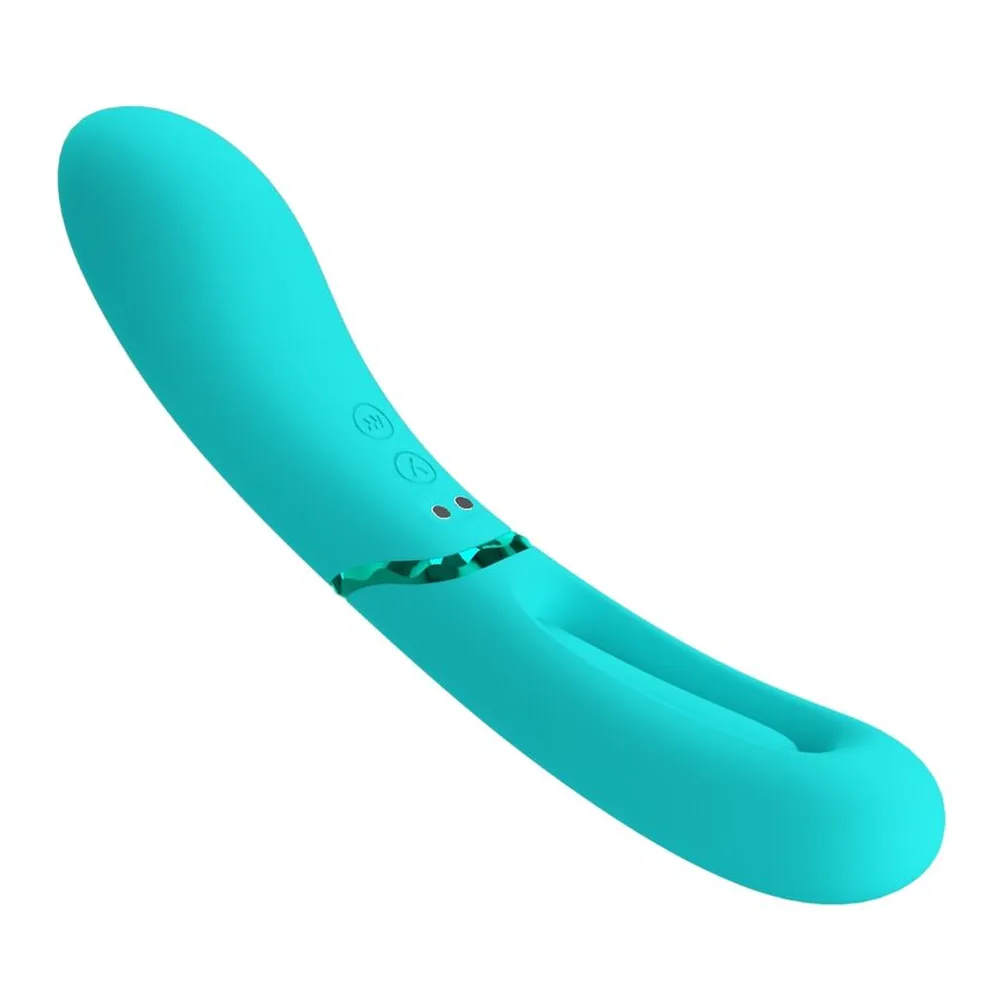 Vibromasseur rose fuchsia en silicone avec tête ergonomique incurvée et poignée texturée, boutons de contrôle visibles sur le corps, fond blanc