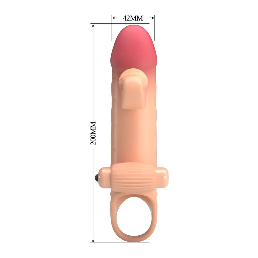 Manchon pénis vibrant en TPE chair avec capuchon rose, anneau testiculaire et moteur vibrant intégré, sur fond blanc