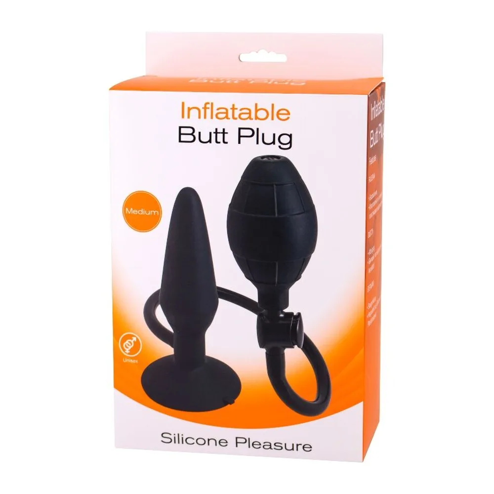 Plug anal gonflable en silicone noir avec base ronde et anneau de retrait, accompagné d'une poire de gonflage manuelle connectée par un tube