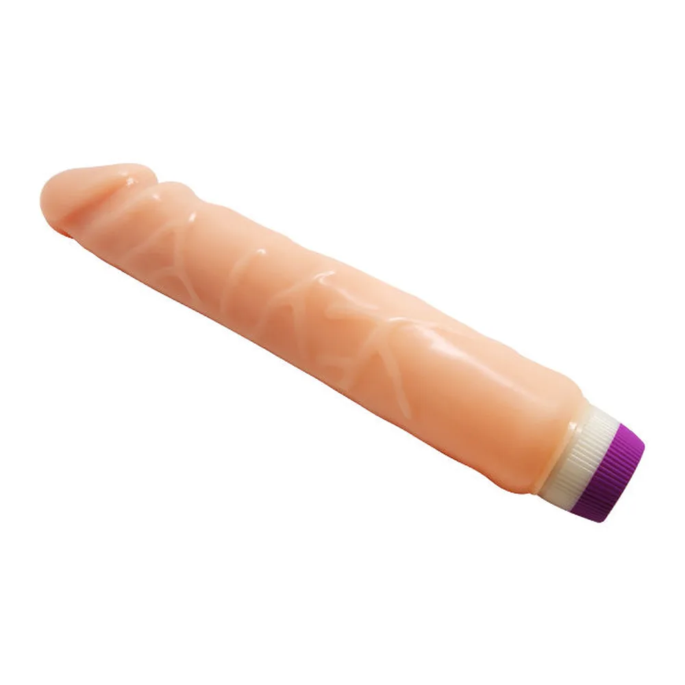 Vibromasseur réaliste en silicone couleur chair, forme cylindrique avec détails en relief, embout arrondi, anneau de commande à la base de teinte violette