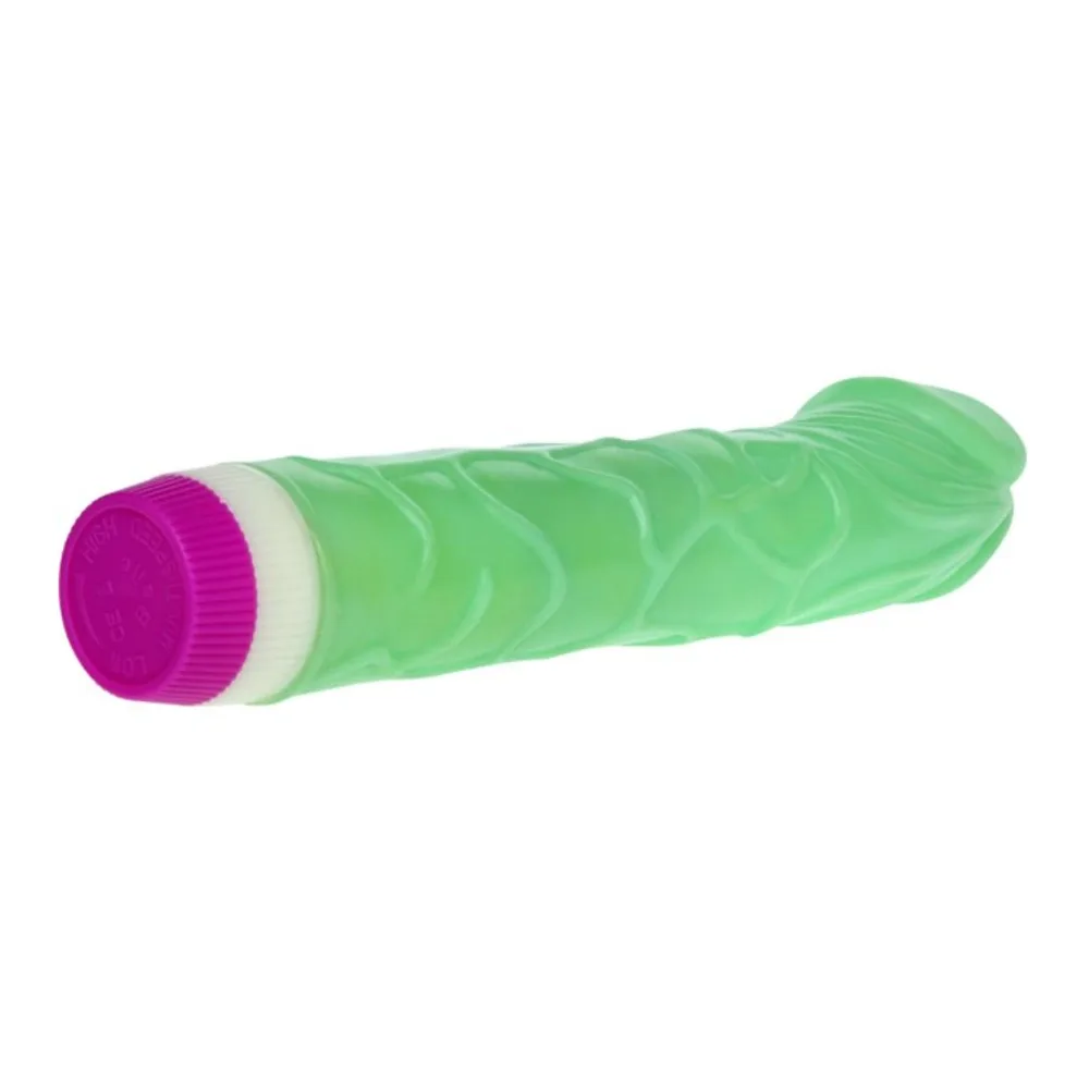 Vibromasseur réaliste vert menthe avec relief ondulé sur le fût, embout arrondi, bague de serrage en haut, anneau de préhension en bas et moteur à piles avec bague de contrôle magenta